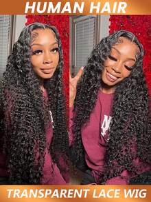 深波浪蕾丝前假发，真人发，180%密度，13x4透明预拔毛深卷假发，带婴儿发，女士真人发假发 - Natural Black - 查看 4