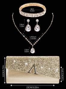 闪亮奢华女士亮片手拿晚宴包，V形金属翻盖包，信封包时尚派对包，女士舞会手提包，女士新娘晚宴包，舞会手提包，闪耀奢华钻石首饰套装，闪亮项链、耳环和手链套装，适合搭配闪亮晚礼服、婚纱和派对礼服 - 金色 - 查看 3