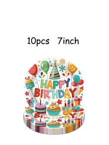 50件套彩色生日派对用品 - 气球、纸杯蛋糕和派对帽图案一次性纸盘、纸杯、餐巾纸、节日餐具，是儿童生日和家庭庆祝活动的理想之选，充满活力的生日装饰派对礼品和必备品 - 多色 - 查看 2