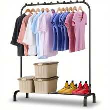 Clothes rack Free-standing clothes hanger Drying rack Metal bedroom clothes rail with lower storage shelf Shoe rack Coat rack for bedroom 146 x 110 x 40cm (Black) - Noir avec crochets latéraux - Voir 2