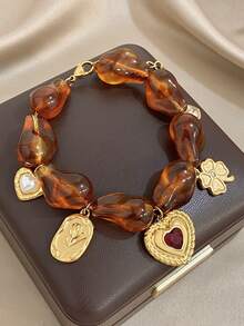 1条复古甜心琥珀心形花朵吊坠手链，18K镀金不锈钢材质，可调节，奢华优雅女士饰品，适合约会、下午茶、音乐节、生日礼物、浪漫波西米亚风配饰、情人节、派对、晚宴、日常佩戴、约会、新年、婚礼、海滩、圣诞节周年纪念日等场合。 - 彩色 - 查看 3