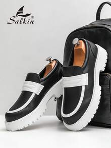 Abfuber New Designer Men's Slip-On Loafers, Soft Leather Upper, Thick Sole, Vintage British Style, Elevator Shoes. Affordable Luxury For Modern Living. Suitable For Back To School, College Students, Graduation Ceremony, Soft & Comfortable Round Toe Formal Dress Shoes, Gentlemen Business Office Commute, Daily Casual, Dating, Party, Wedding, Groomsmen. Recommend Ordering One Size Up. - Black and White - View 9