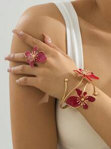 2pcs/Set Women's Floral Bracelet & Ring Set, Elegant Style For Summer Party, Wedding, Holiday, Gift For Friends & Family - Pink - View 9