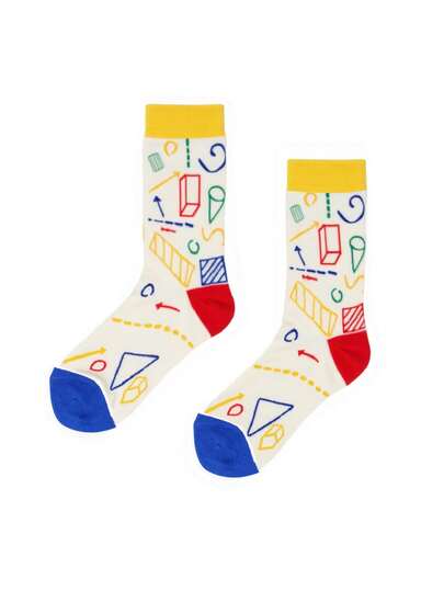 1 par de calcetines transpirables hasta el tobillo con estampado geométrico de colores sobre fondo beige, adecuados para uso diario y estudiantes, atuendo creativo