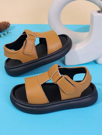 1 Pair Unisex New Style PU Hook And Loop Design Flat Sandals, Wear-Resistant Anti-Slip Children Beach Shoes, Suitable For Summer