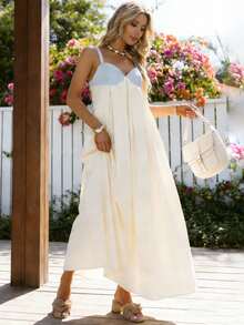Women's Long Dress Summer Sleeveless Patchwork Contrast Color Flowy Dress For Daily Beach Party - Blue - View 6