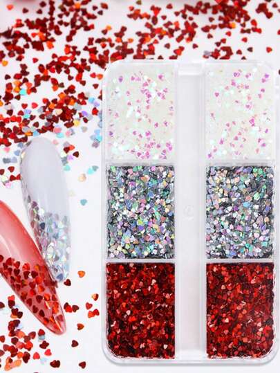 6格全息迷你心形美甲闪粉，盒装，情人节美甲配件的理想之选