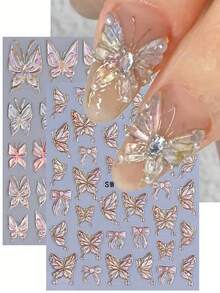2片装5D蝴蝶浮雕美甲贴纸，金色渐变美人鱼全息复古蝴蝶DIY美甲贴花，Y2K全息滑动美甲装饰 - 彩色 - 查看 1