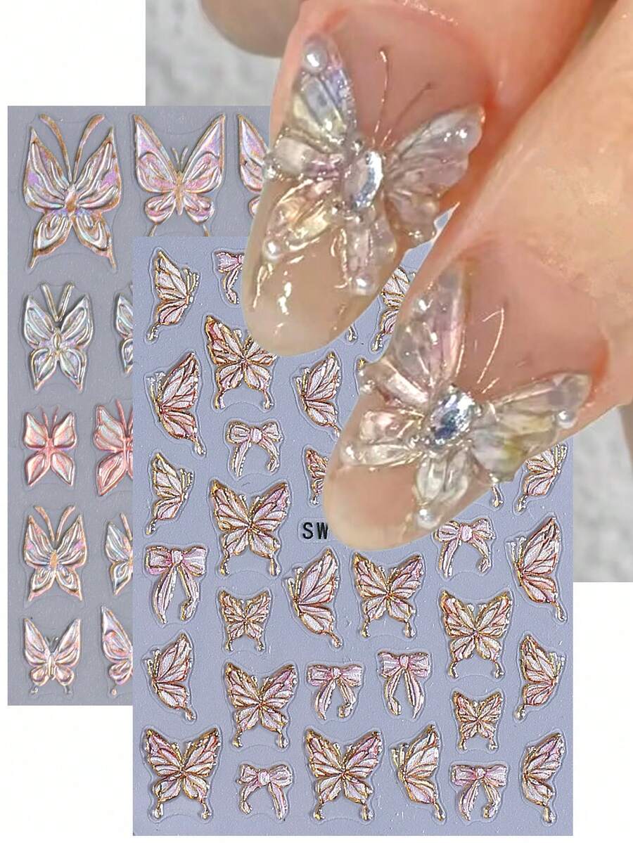 2片装5D蝴蝶浮雕美甲贴纸，金色渐变美人鱼全息复古蝴蝶DIY美甲贴花，Y2K全息滑动美甲装饰 - 彩色 - 查看 1