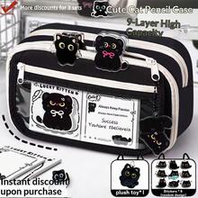 47pcs Small Black Cat Stationery Set. Cute Small Black Cat Pencil Case, Multi-Layer Design, Includes Stickers, Keychain And Brooch. Large Black Cat Gift Set.,Back To School,Bag - Black - View 23