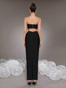 Modphy Sexy 2-Piece Women's Party Dress Set, Rhinestone Floral Decor Strapless Cropped Top With Skirt - Black - View 7