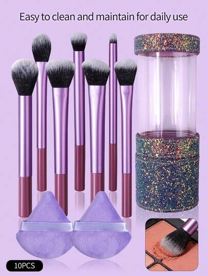 10件套紫色化妆刷套装 - 腮红刷、散粉刷、遮瑕刷、眼影刷、面部刷 + 双头植绒粉扑 + 闪亮装饰收纳桶，新手化妆工具全套，赠品，专业化妆刷，完整化妆套装