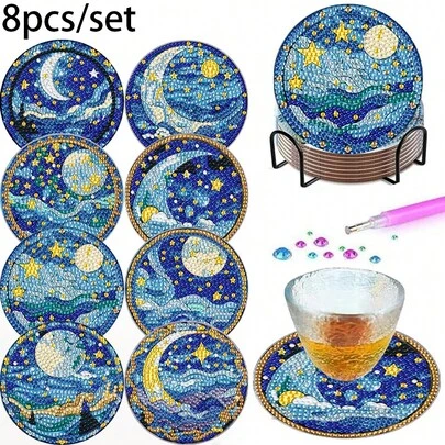 8件套钻石画杯垫套装，含底座，月亮和星星图案，成人钻石画艺术，圆形钻石木质底座带隔热杯垫，适合家居装饰、办公桌配件、情人节礼物