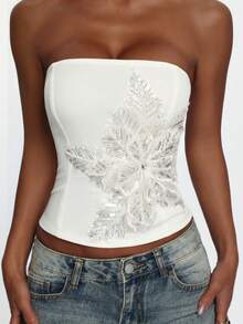 夏季新款白色抹胸露脐上衣，性感亮片花卉刺绣抹胸设计，露背系带修身露脐上衣 - 白色 - 查看 8