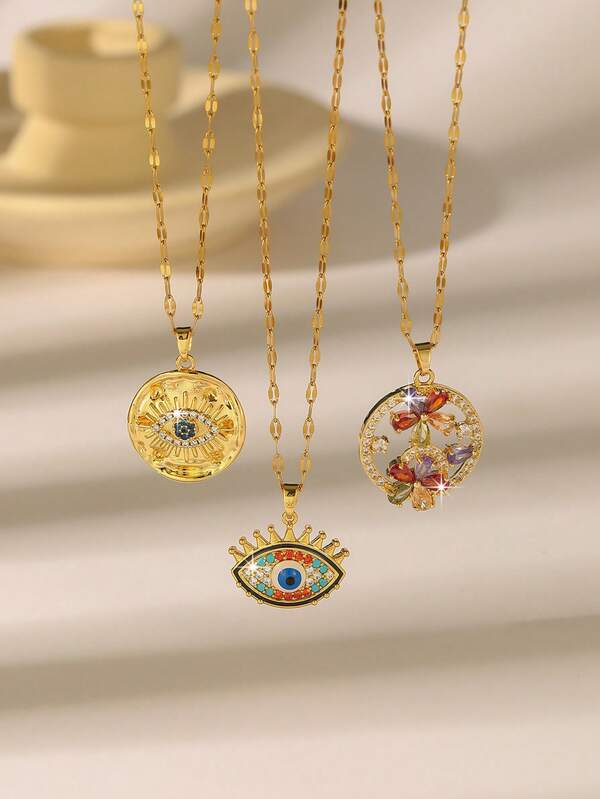 女士奢华璀璨恶魔之眼圆形吊坠项链/皇冠恶魔之眼/镂空花朵水钻圆形吊坠项链，高光泽镀金锆石链，适合工作和约会等各种场合，金色首饰