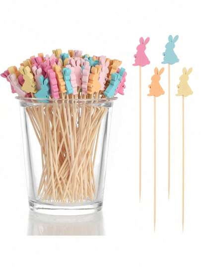 100 szt. bambusowych wykałaczek do koktajli, eleganckie mini długie patyczki do szaszłyków, odpowiednie do dekoracji imprez, napojów, owoców, przystawek, odpowiednie do dekoracji wielkanocnych, bambusowe wykałaczki do jedzenia z królikiem i jajkami, odpowiednie do babeczek, deserów, owoców, akcesoriów wielkanocnych