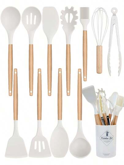 Meoky 12 قطعة مجموعة أدوات مطبخ من المقابض الخشبية والسيليكون، مقاومة للحرارة وغير لاصقة، أدوات طهي وخبز مناسبة للمطبخ