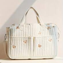 Beige Quilted Diaper Bag For Moms – Washable Baby Organizer Handbag, Crossbody & Shoulder Bag For Stroller, Travel & Daily Outings - 小熊 - 查看 8