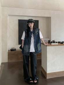 Vintage Minimalist Distressed Layered Loose Casual Sleeveless Denim Vest Jacket Summer - Blue - View 4