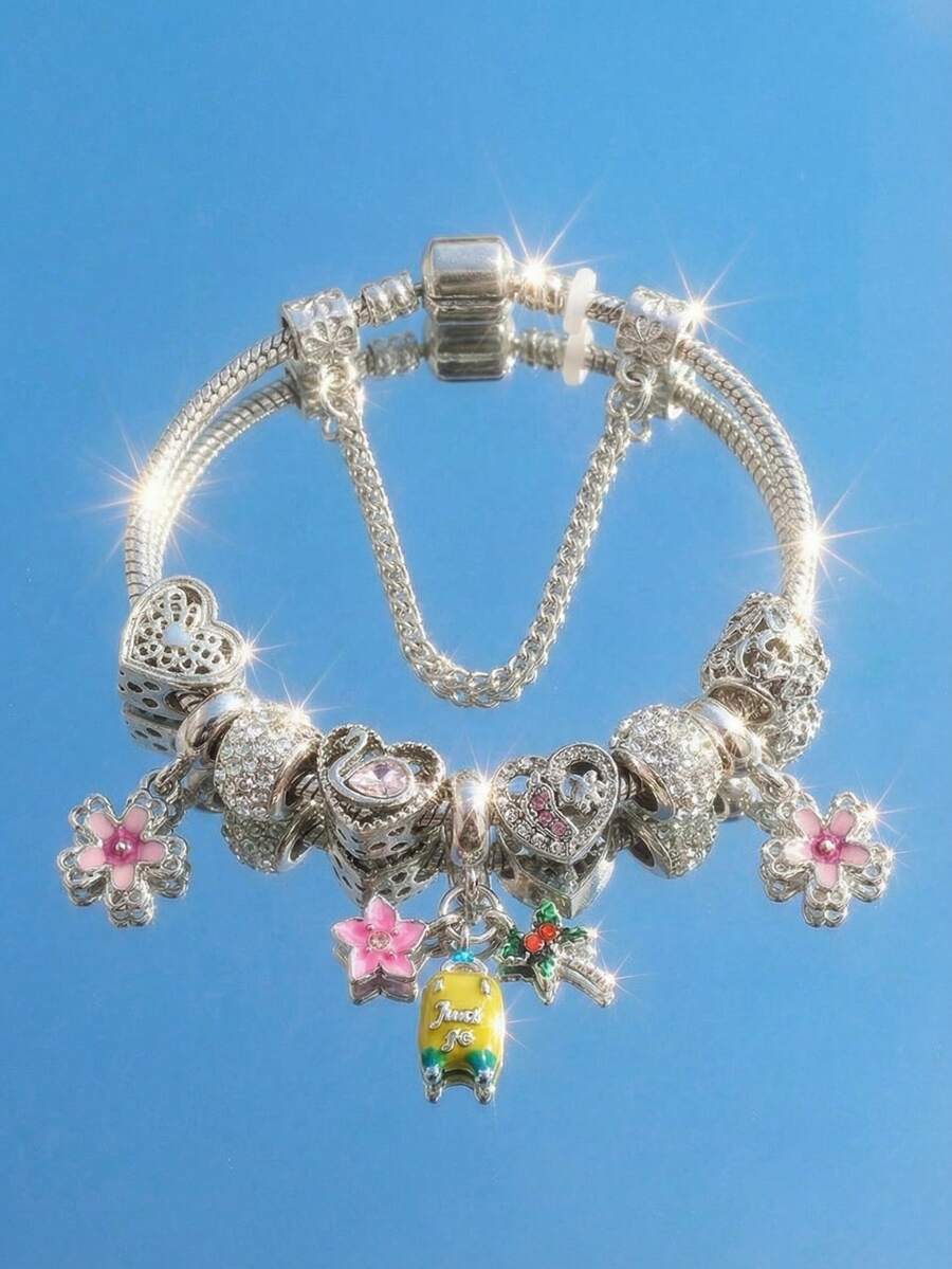 Vibrant Chic Charm Bracelet - Multicolor Hollow Star & Cherry Blossom Accents, Adjustable DIY Snake Chain With U-Shaped Airplane, Swan Beads For Everyday, Vacation, And Boho Chic Wear - Perfect Accessory For Travel, Adventure, And Fashion Enthusiasts - 彩色 - 查看 1