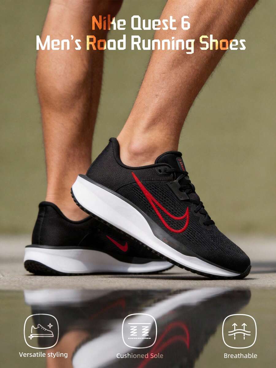 Nike 男士跑步鞋 QUEST 6網面透氣輕便震回簡約運動鞋跑步登山旅行通勤休閒鞋 FD6033-011 - 黑/白/大學紅 - 查看 1