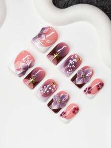 10片方形手工美甲贴片，Y2K 酷炫风格，裸色、白色、紫色，法式边缘，雕刻花朵、星星图案，闪亮美甲贴片，适合派对、婚礼、日常佩戴，包含工具包，是送给女性和女孩的绝佳礼物。 - 彩色 - 查看 3