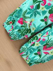Young Girls' Summer Vacation Tropical Rainforest Leaf Print Jumpsuit With Bowknot Strap - Green - View 5