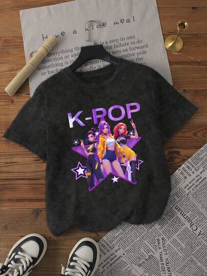 Women's Summer Plus Size Creative Cartoon Print T-Shirt. This Fashionable And Cute Summer T-Shirt For Girls Features Letter Prints And K-Kop Anime Girl Patterns. It's Stylish, Versatile, And An Ideal Choice For Casual Sportswear.