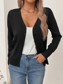 A Must-Have For Women's Spring And Autumn 2026: A Sophisticated V-Neck Button-Down Cardigan. A Casual Long-Sleeved Knit Cardigan, Perfect For Lounging At Home And Outdoor Activities. - 黑色 - 查看 3