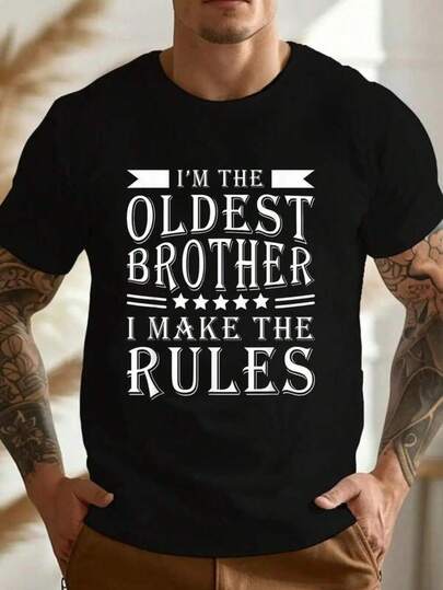 Herr-T-shirts 100 % bomull Jag är äldsta brodern Jag bestämmer reglerna Rolig syskonoutfit T-shirt Dam Herrtröja med grafisk motiv Casual Toppar Mode Herr Casual Tryck Rund Hals Kortärmad T-shirt Standard Passform T-shirt För Herrar