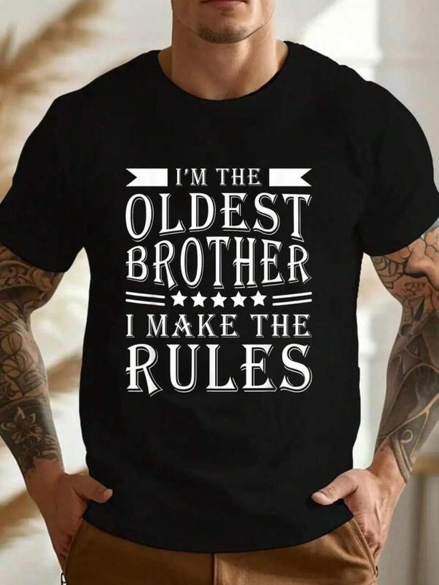 Men's T Shirts 100% Cotton I'm The Oldest Brother I Make The Rules Funny Sibling Outfit T-Shirt Women's Men's Graphic Tee Causal Tops Fashion Men's Casual Print Round Neck Short Sleeve T-Shirt Standard Fit T-Shirt For Men - Black - View 1