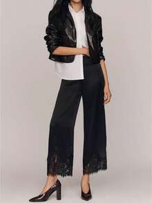 Women's Lace Satin Lounge Pants Elastic Waist Loose Wide Leg Casual Solid Color Lace Patchwork Pants ,Suitable For Vacation, Office, Brunch, Airport Outfit,Summer Going Out - 黑色 - 查看 1