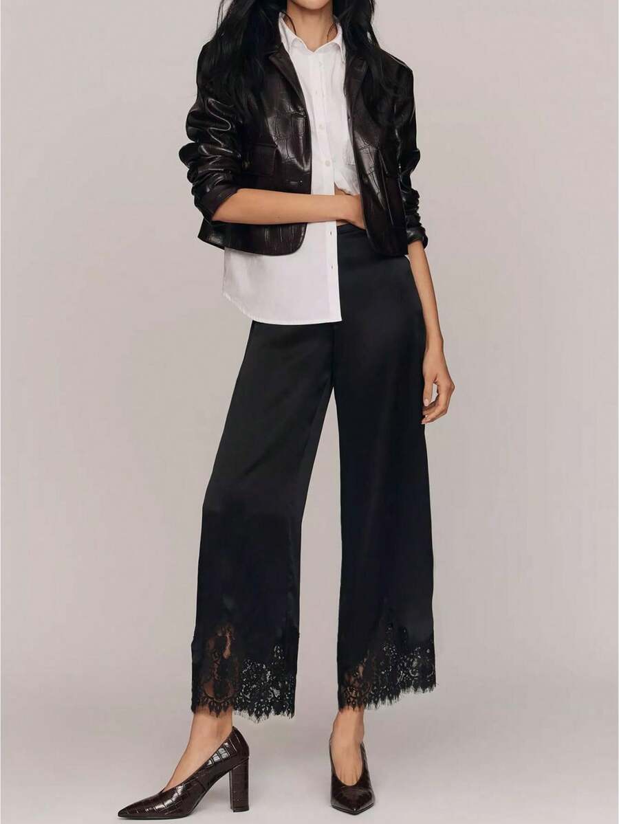 Women's Lace Satin Lounge Pants Elastic Waist Loose Wide Leg Casual Solid Color Lace Patchwork Pants ,Suitable For Vacation, Office, Brunch, Airport Outfit,Summer Going Out - 黑色 - 查看 1