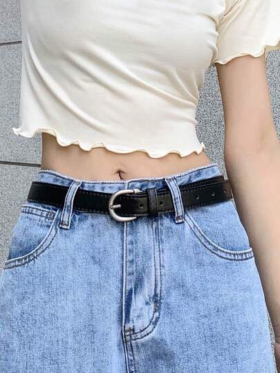 简约纯色新款PU微孔扣腰带，时尚百搭男女通用休闲腰带