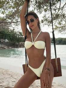 مجموعة بكيني نسائية جميلة وجذابة - طبعة نجمة البحر، قماش عالي المرونة، سروال سباحة أصفر، مثالي للعطلات الشاطئية - أصفر فاتح - مشاهدة 5