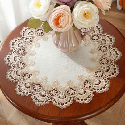 100% 涤纶面料，精致刺绣，水溶性蕾丝边圆形餐垫/杯垫，家居装饰，家庭聚会，节日装饰，派对及婚礼装饰，1 件装
