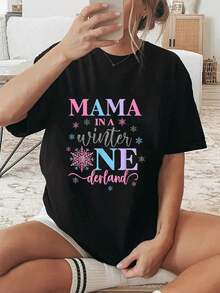 100% Cotton Mama In A Winter Onederland Birthday Girl Sweet Snowflake T-Shirt Women Graphic T-Shirt Cotton Print Short Sleeve Casual Top, Summer Tee Womens Tops - Black - View 6