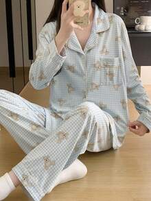 2 pièces Ensemble de pyjama pour femme, motif ours bleu, pantalon à simple boutonnage, manches longues, ample, vêtement de nuit et d'intérieur convenant pour un usage domestique. Ensemble de pyjamas femme à manches longues, adapté pour le printemps et l'automne. - Bleu et Blanc - Voir 1