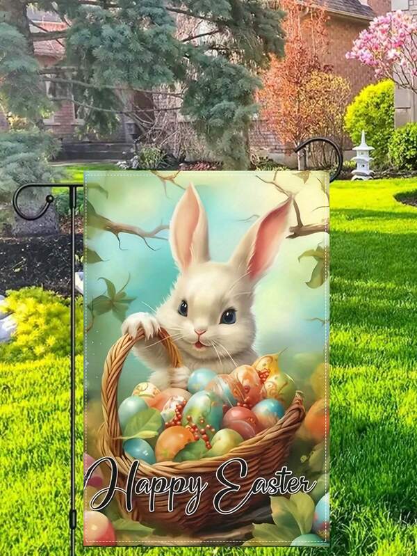 Watercolor Style Easter Garden Flag, Featuring A Cute Rabbit Holding An Easter Egg Basket, With "Happy Easter" Handwritten Text, Soft And Fresh Colors, Suitable For Outdoor Easter Decor In Yards, Porches, Loved By Users Who Prefer Gentle, Soothing Aesthetics