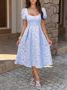 女士春夏优雅方领花瓣袖花卉纹理收腰喇叭下摆中长连衣裙，适合度假、婚礼、派对等场合。 - 藍色 - 查看 7