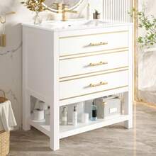 White Bathroom Vanity Unit With Ceramic Sink – Freestanding Bathroom Vanity Unit With 2 Drawers And Open Compartment, High-Quality MDF Board With Lacquered Finish, Gold Handles, Without Tap Or Drain - White - View 2