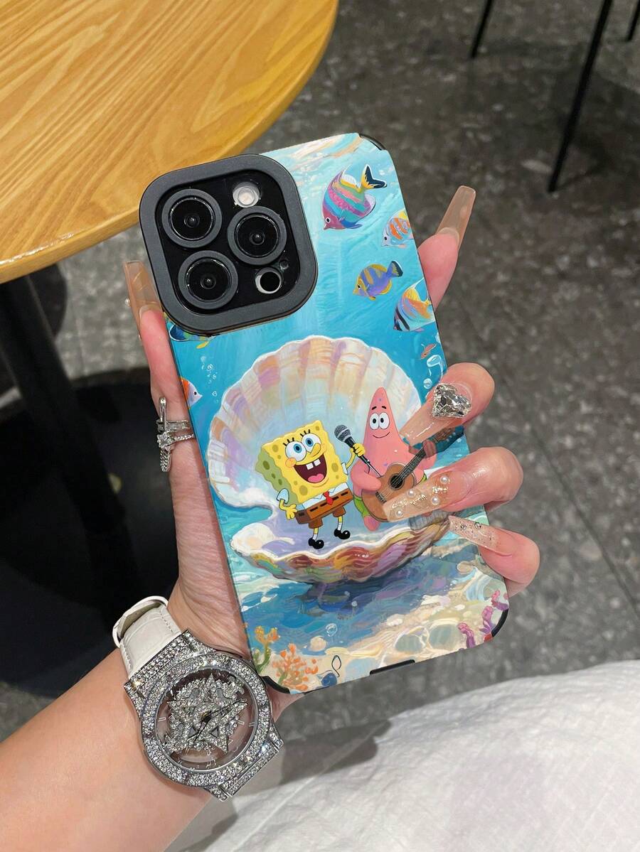 SpongeBob SquarePants 1pc Cartoon Creative Funny Shell & Starfish Vertical Striped Protective Phone Case Cover, Compatible With Samsung/Apple 17/16/15/14/13/12/11Pro Max/12Pro/14Plus And Other Models - Multicolor - View 1