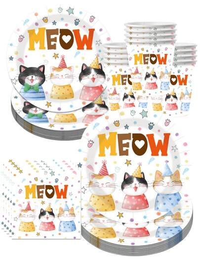 50Pcs Cute Watercolor MEOW Cat Party Set - Star Paw Print & Polka-Dot Cat Pattern Disposable Paper Plates Cups Napkins, Festive Tableware Ideal For Kids' Cat Birthday & Pet Lover Gatherings, Vibrant MEOW Print & Star Decor For Cat-Themed Party Favors & Essentials