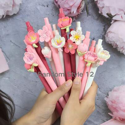4/6/8/12pcs Colorful Flower Theme Retractable Ballpoint Pens, Suitable For School, Office, Diary And Gifts, Plastic Material, Medium Tip