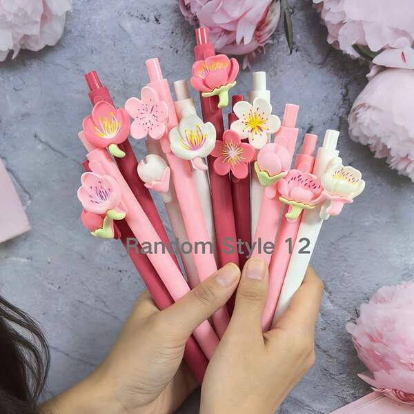 4/6/8/12pcs Colorful Flower Theme Retractable Ballpoint Pens, Suitable For School, Office, Diary And Gifts, Plastic Material, Medium Tip