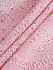 刺绣镂空方领T恤，休闲短袖褶皱前襟上衣，春夏款，女款粉色 - 粉色 - 查看 9