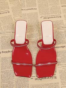 Summer Square Toe Rhinestone Decor Red High Heel Sandals For Women, Casual Backless Mule Sandals - Red - View 5