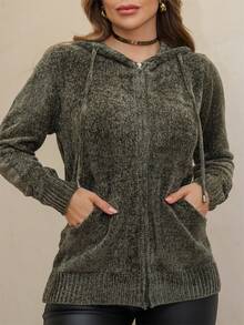 Women's Long Sleeve Hooded Jacket With Zipper, Mousse Winter 3RD SD3023 - Verde - Ver 2