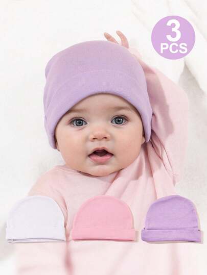 3顶新生儿帽子，适合0-3个月宝宝，柔软弹力纯色婴儿帽——适合医院、日常佩戴、新生儿礼物及所有季节
