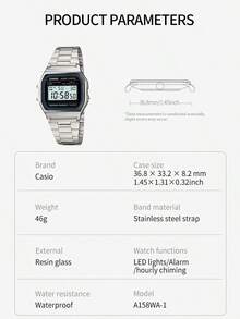Casio Reloj digital retro para hombres A158WA-1, con correa de acero inoxidable, función de alarma y cronógrafo, regalo ideal para hombres - Gris - Ver 8